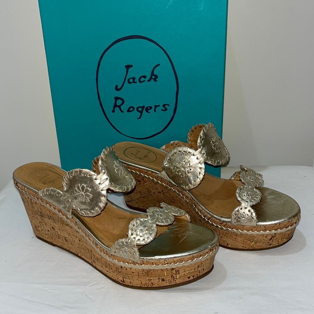 Jack Rogers Leigh Wedge Heals Sandals Platform Platinum Cork 10